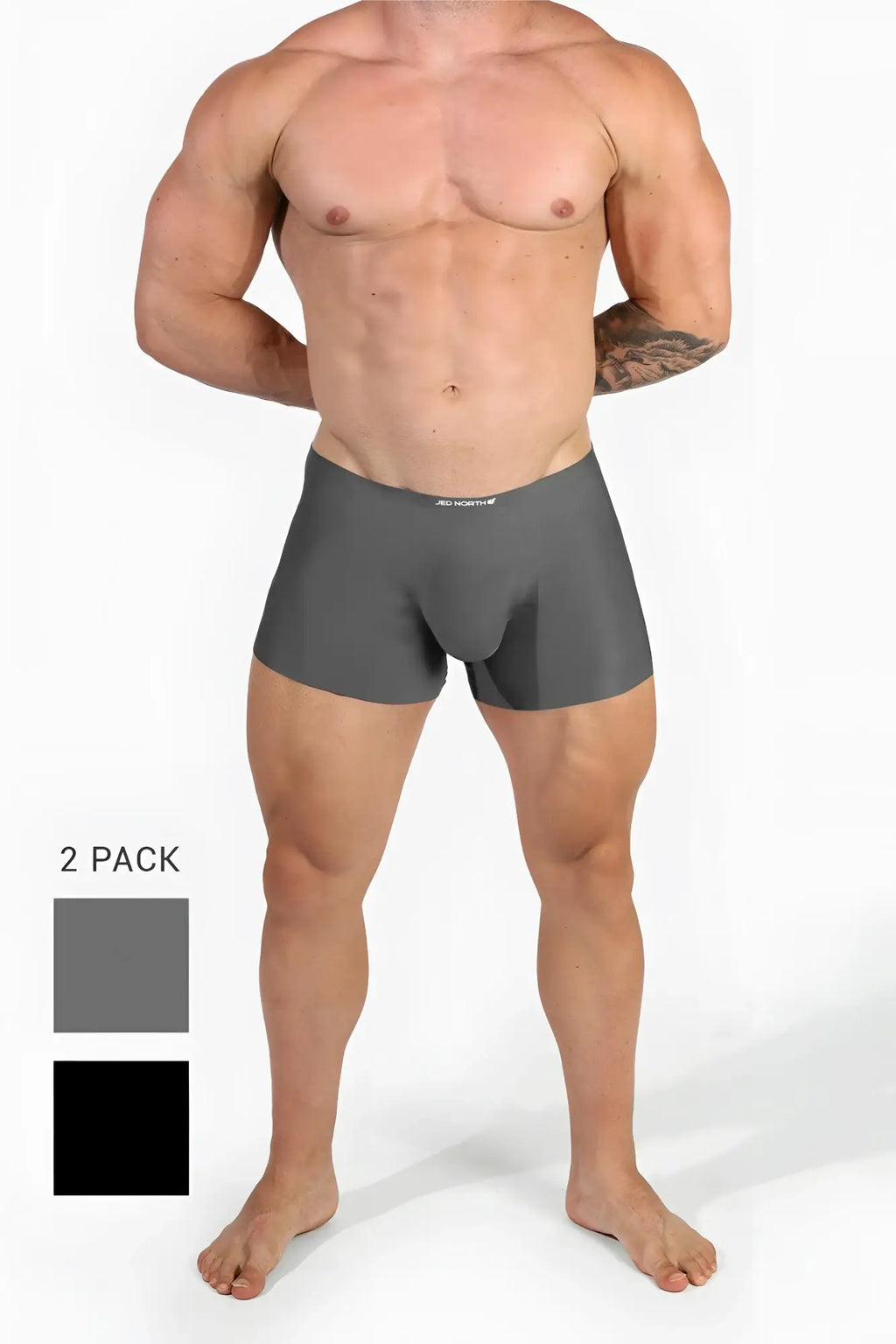 Gray jed north men’s seamless muscle-fit boxer briefs with smooth fabric and subtle logo on waistband front view