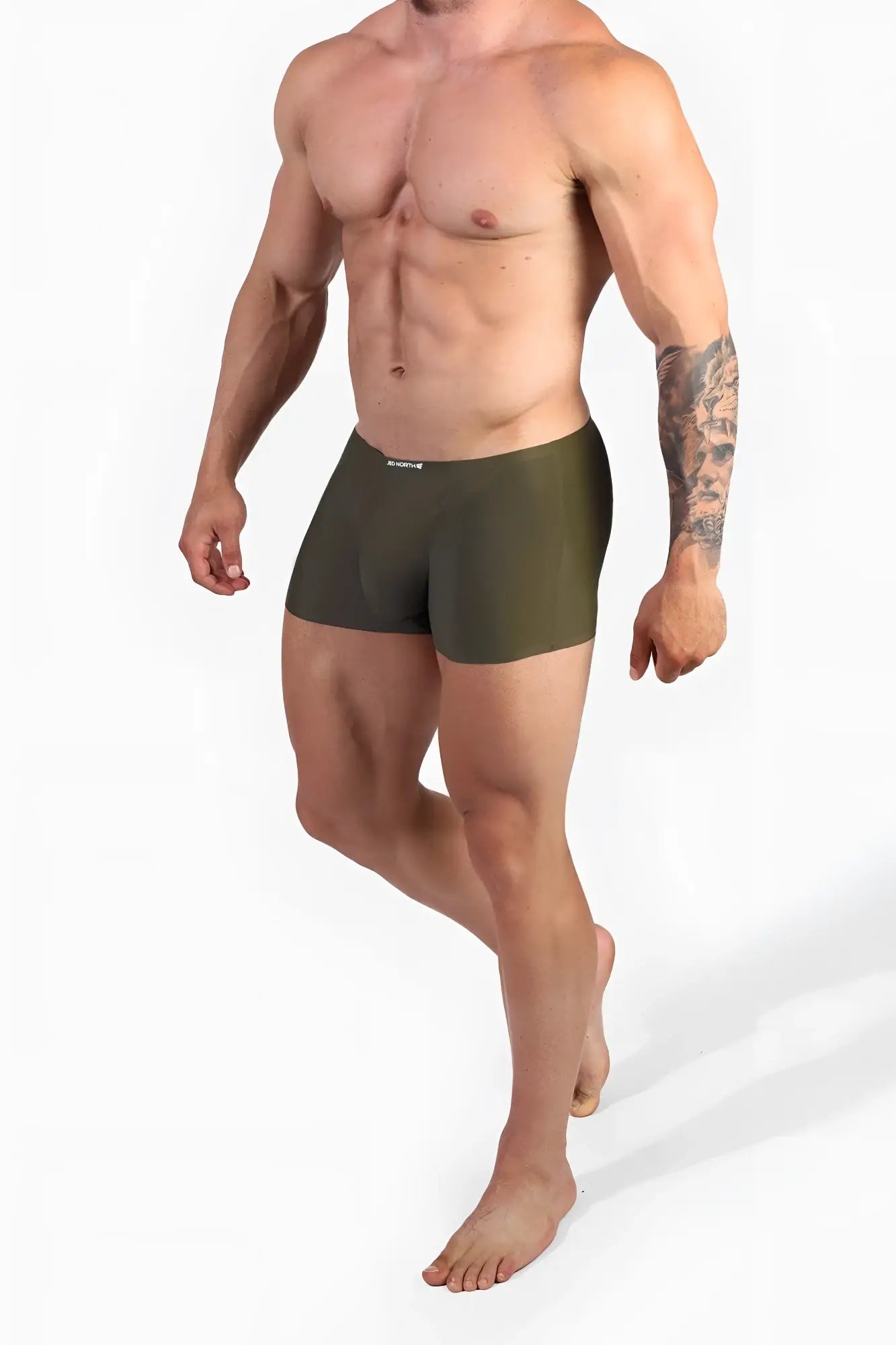 Olive green jed north men’s seamless muscle-fit athletic briefs with subtle logo on waistband front view