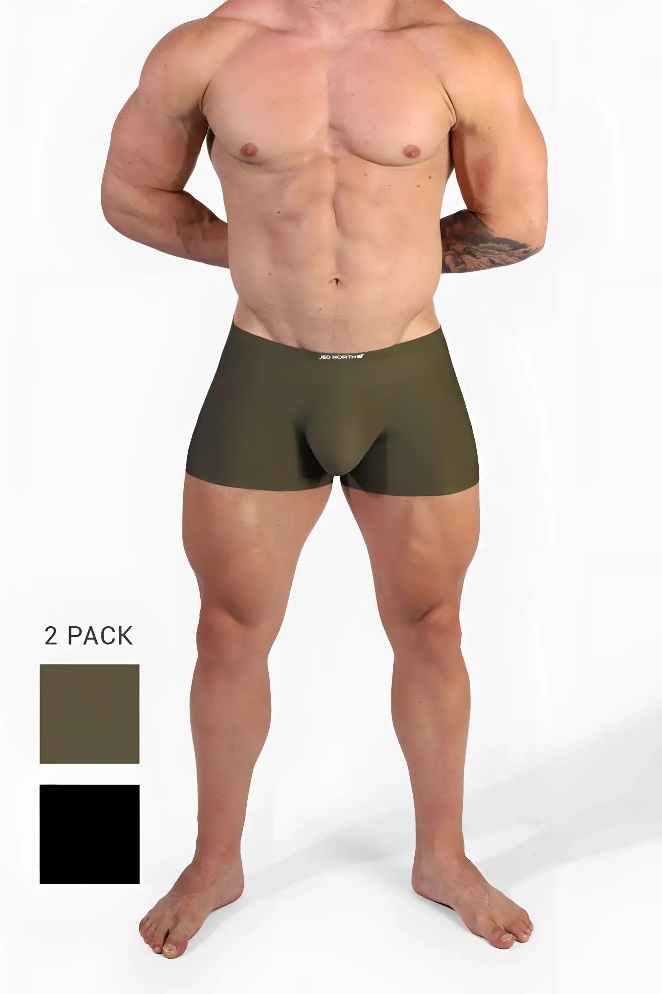 Olive green jed north men’s seamless muscle-fit boxer briefs with snug fit and elastic waistband front view