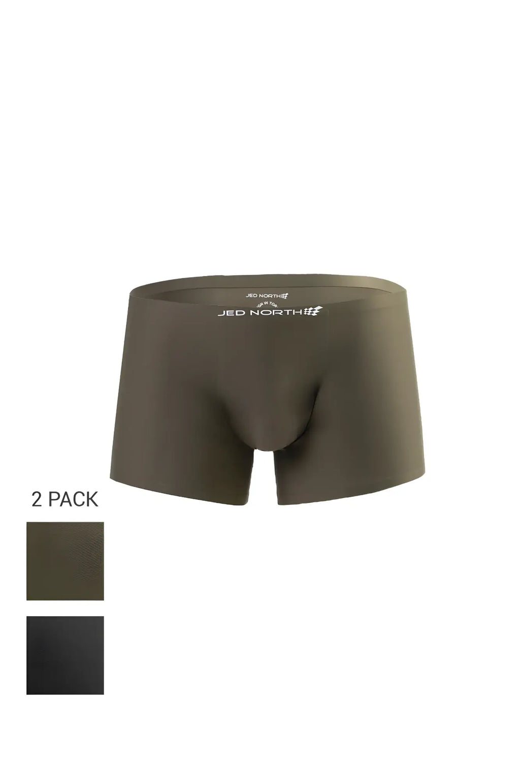 Olive green jed north men’s seamless muscle-fit briefs with embroidered waistband in a 2-pack for comfort and support