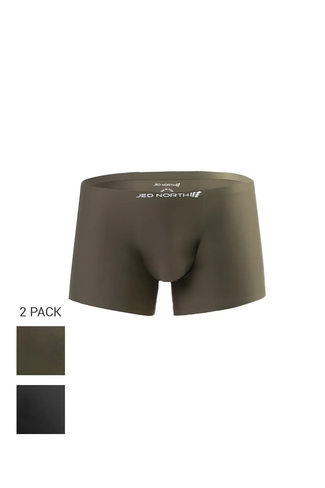 Olive green jed north men’s seamless muscle-fit briefs with embroidered waistband in a 2-pack for comfort and support