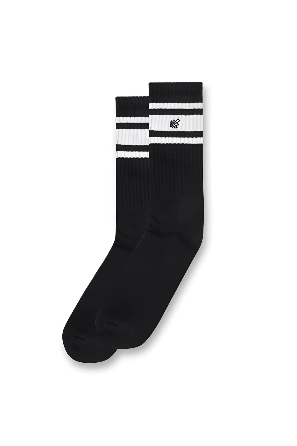 Men’s black striped crew socks with two white horizontal stripes and a small embroidered logo on the upper stripe