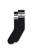 Men’s black striped crew socks with two white horizontal stripes and a small embroidered logo on the upper stripe