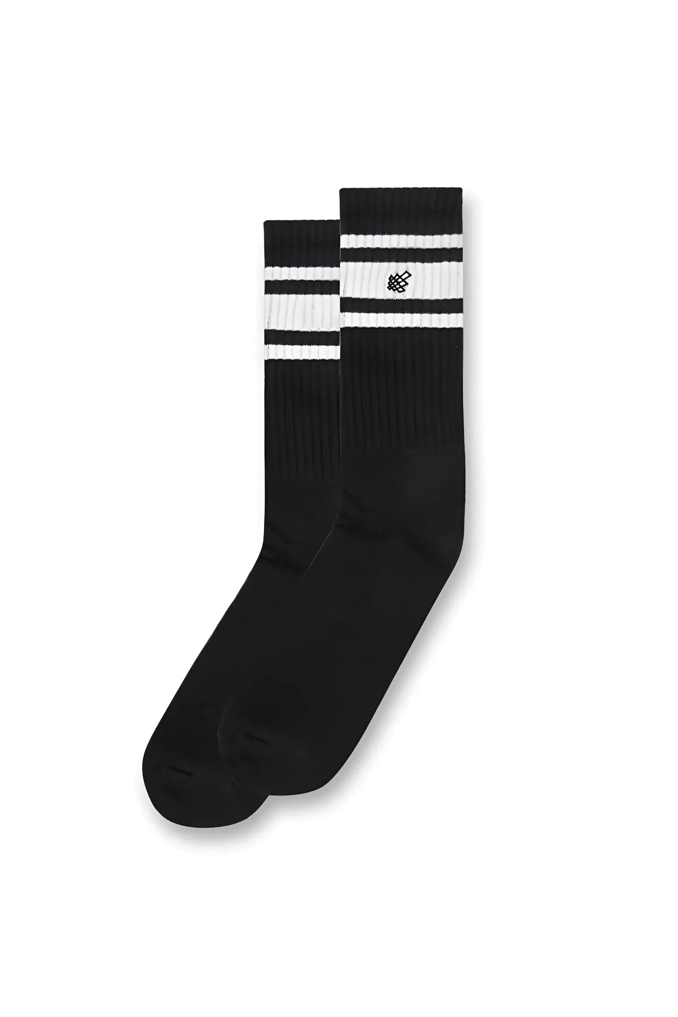 Men’s black striped crew socks with two white horizontal stripes and a small embroidered logo on the upper stripe