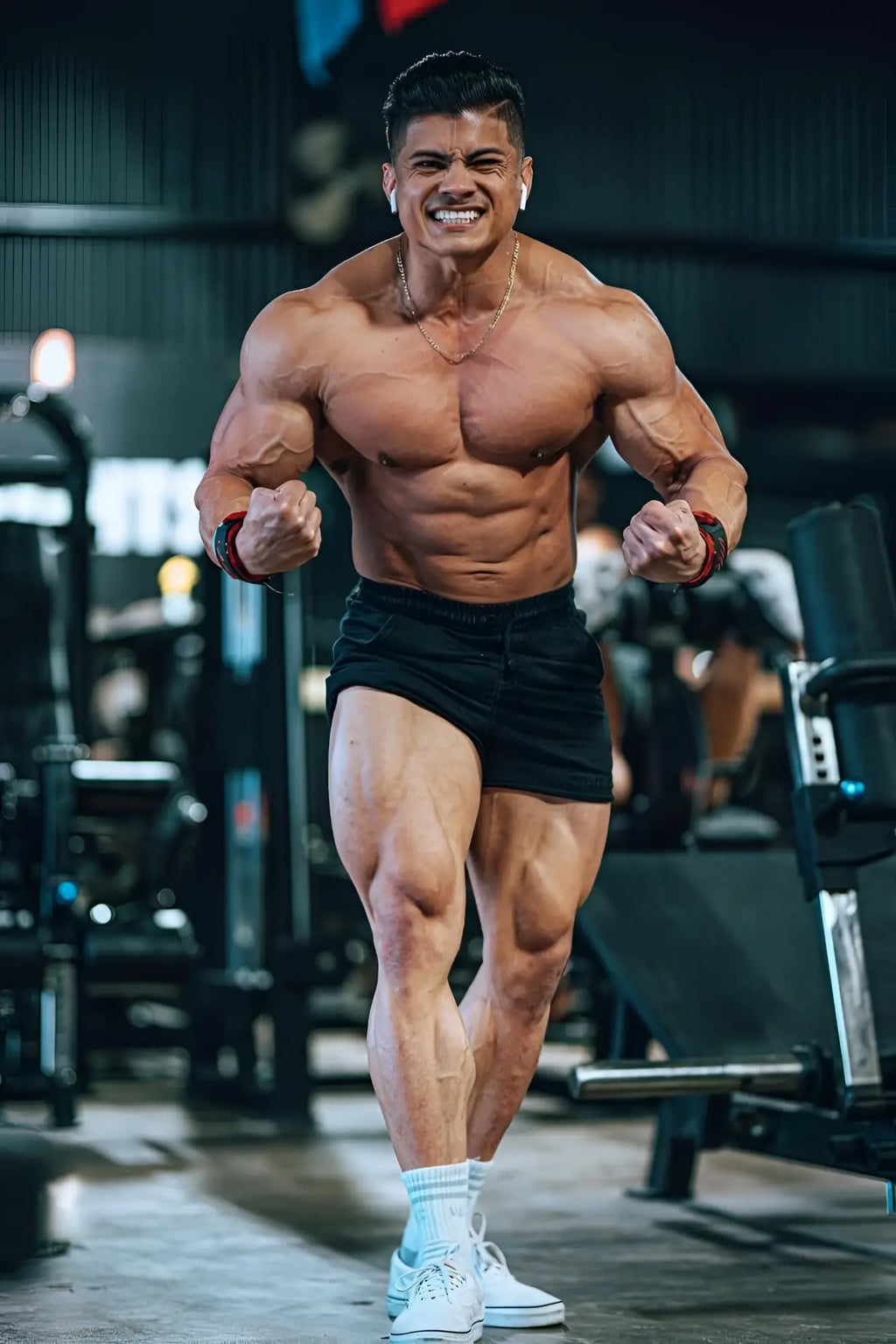A muscular man wearing Jed North Motion 5 inch varsity sweat shorts in black with white sneakers and red wristbands in gym