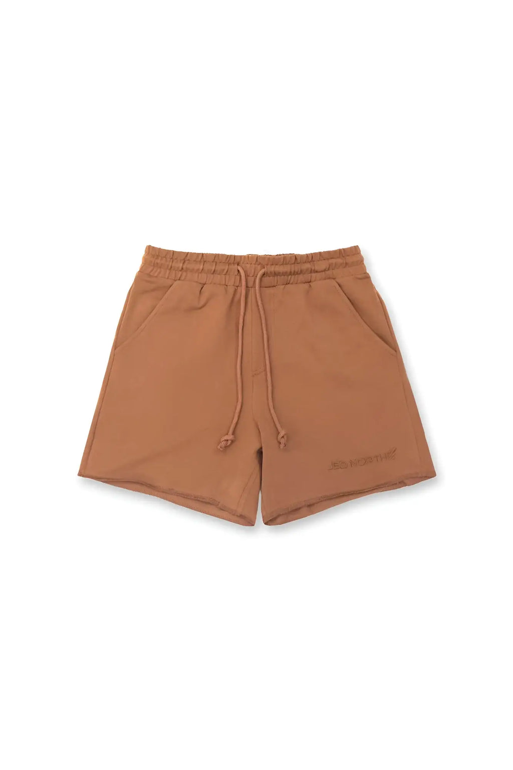 Tan motion 5 inch varsity sweat shorts with drawstring waist soft relaxed fit and subtle embroidery on lower right leg