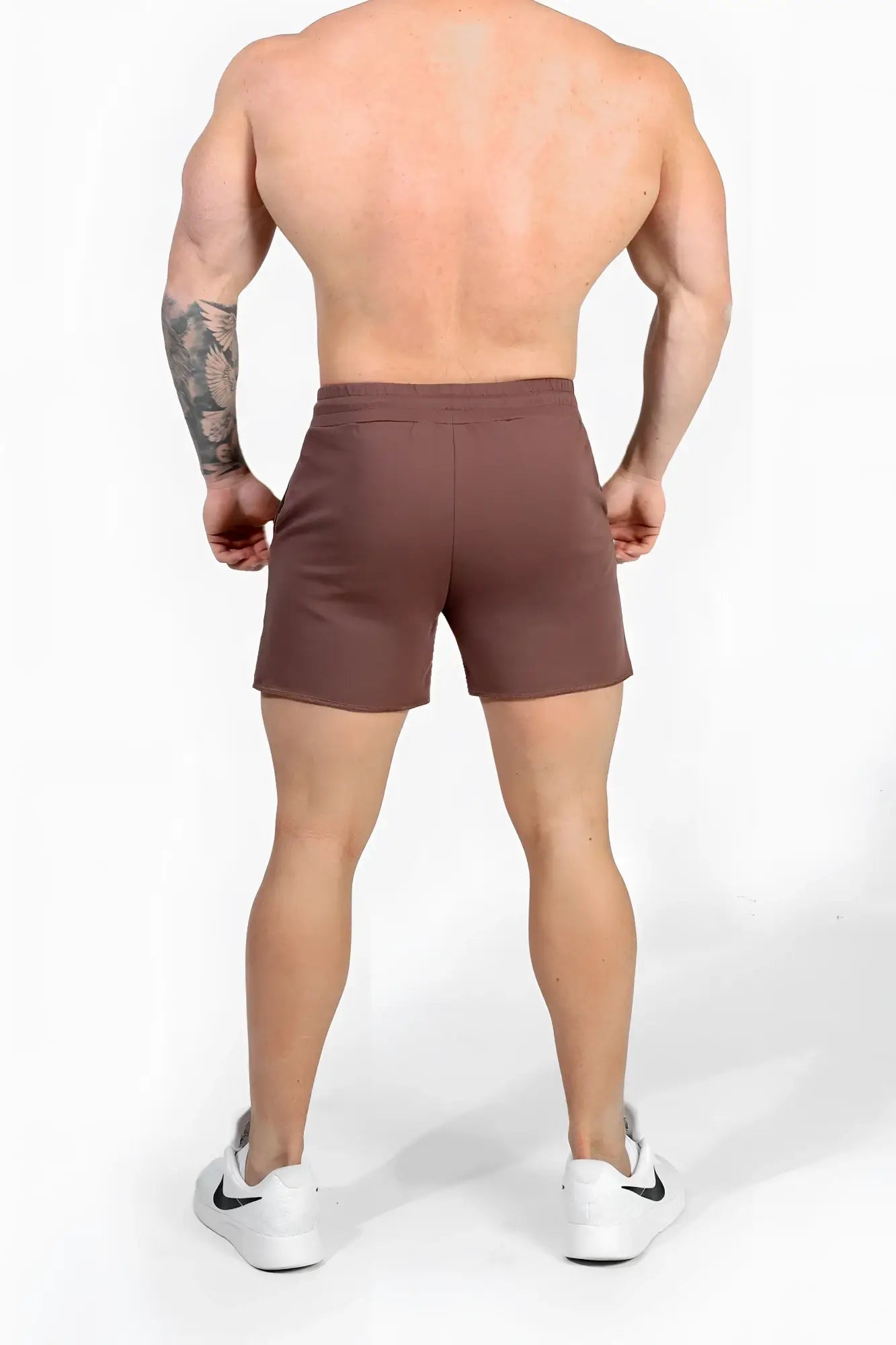 Jed North Motion 5 inch varsity sweat shorts in dark brown with a simple fitted design and elastic waistband