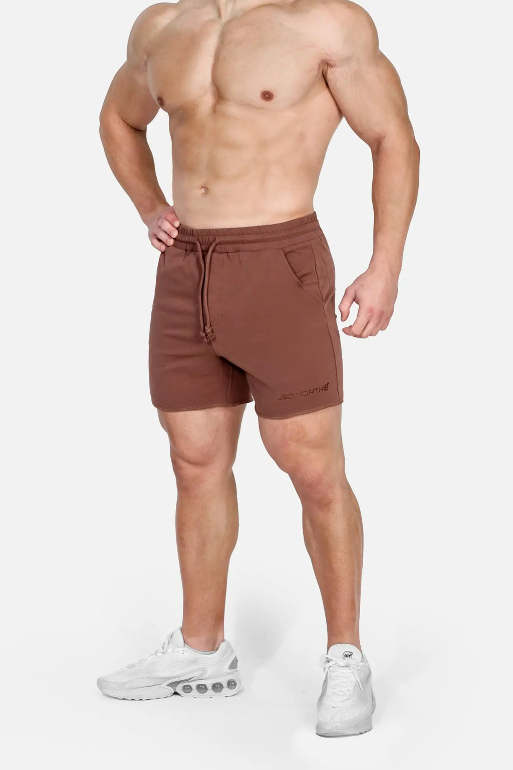 Jed North Motion 5 inch varsity sweat shorts in dark brown with drawstring waistband and Jacket logo on lower right leg