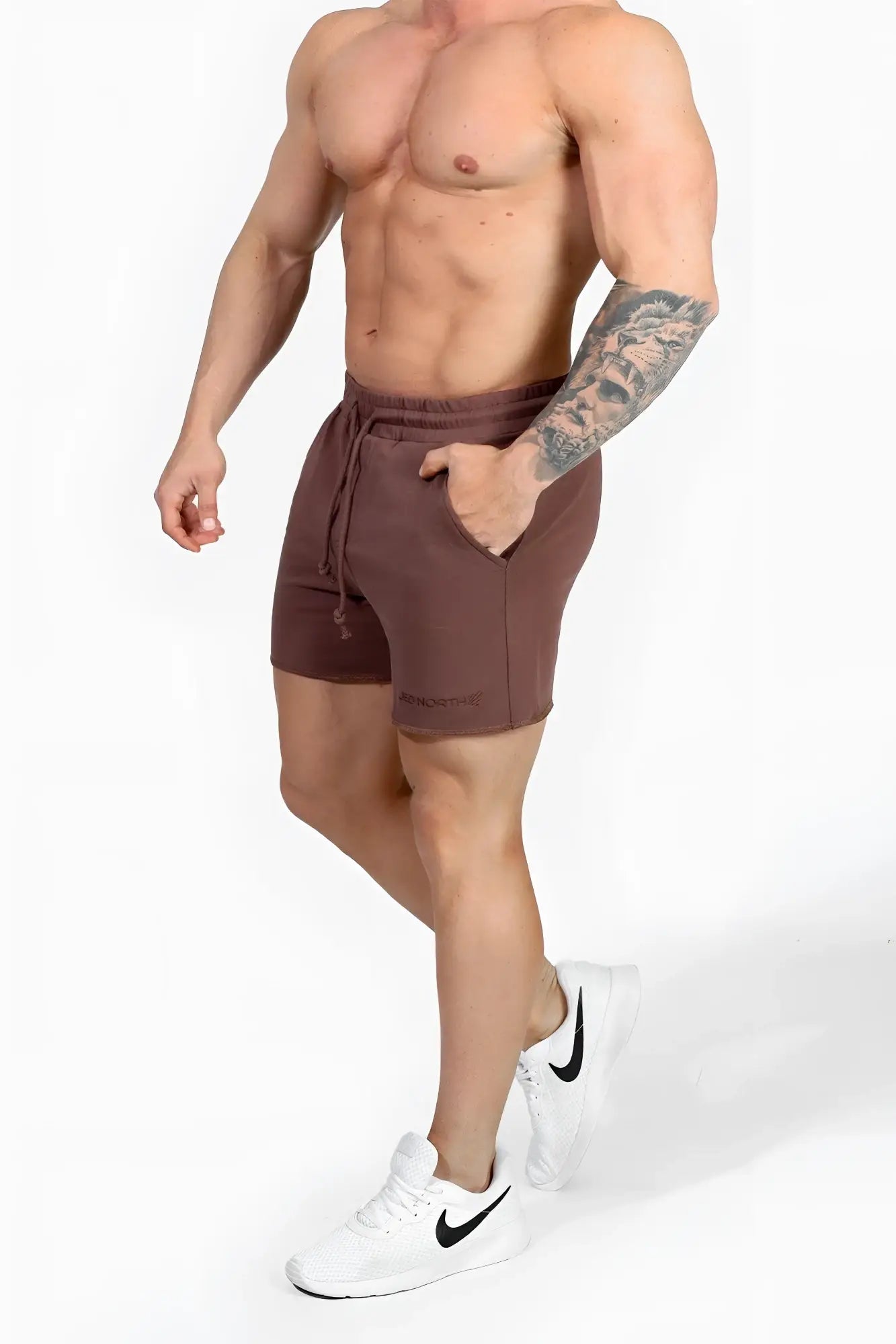 Jed North motion 5 inch varsity sweat shorts in dark brown with drawstring waistband and side pockets for athletic use