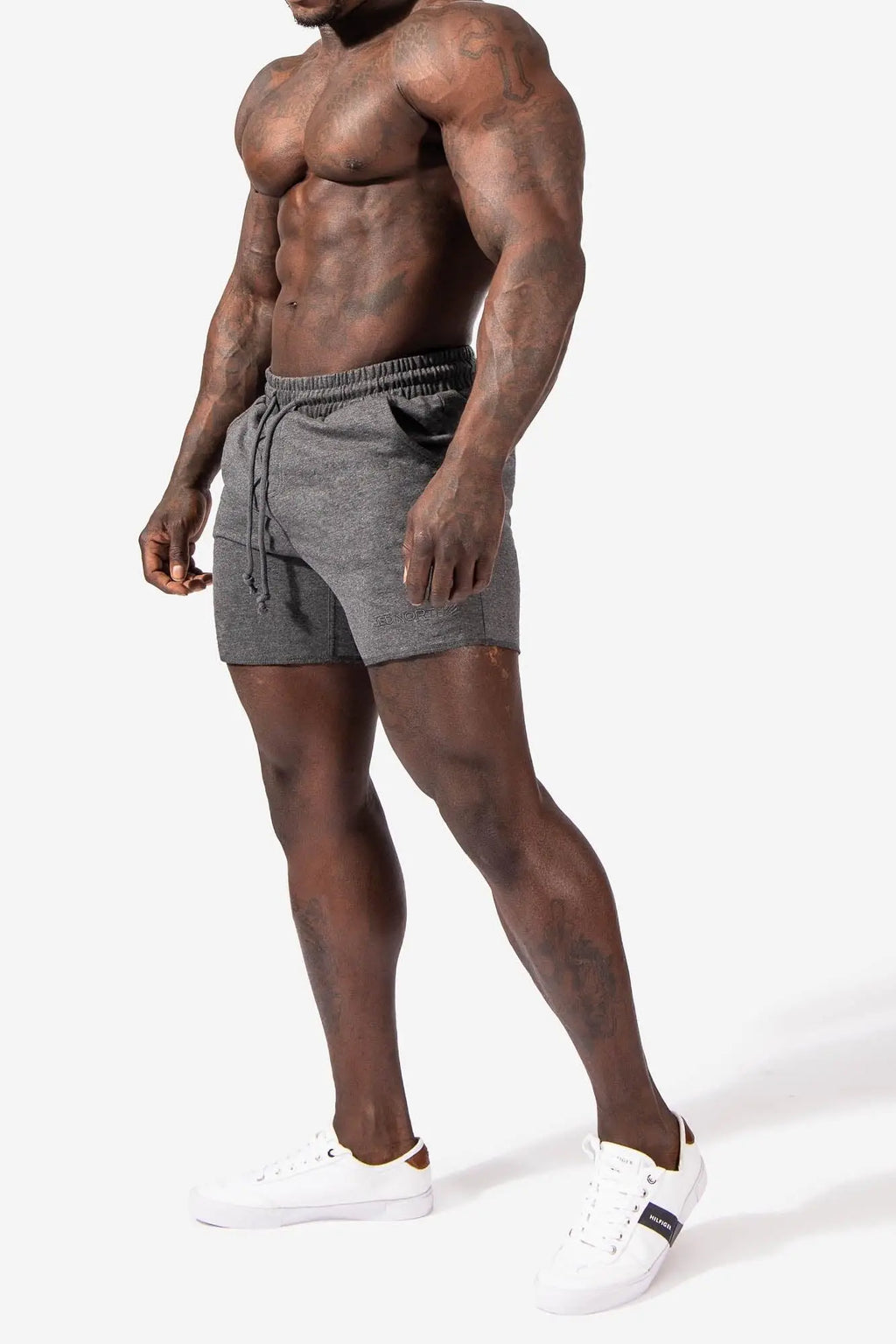 Motion 5 inch varsity sweat shorts in dark gray feature gray heathered fabric drawstring waistband and side pockets