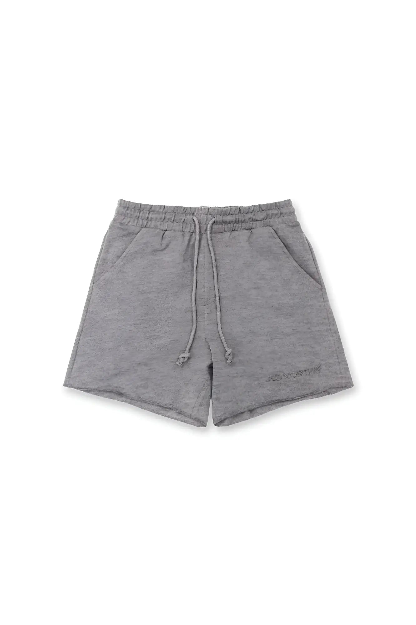 Dark gray motion 5 inch varsity sweat shorts with gray heathered fabric drawstring waistband and side pockets