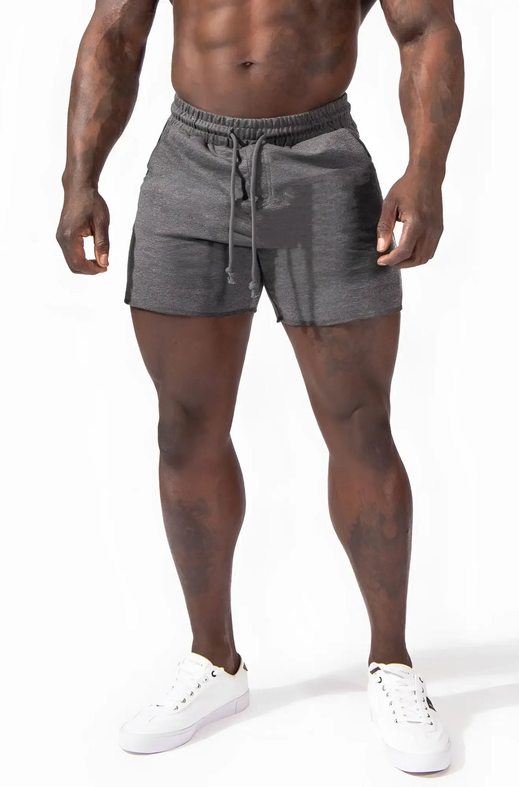 Motion 5 inch varsity sweat shorts in dark gray heathered fabric with a drawstring waistband for comfort