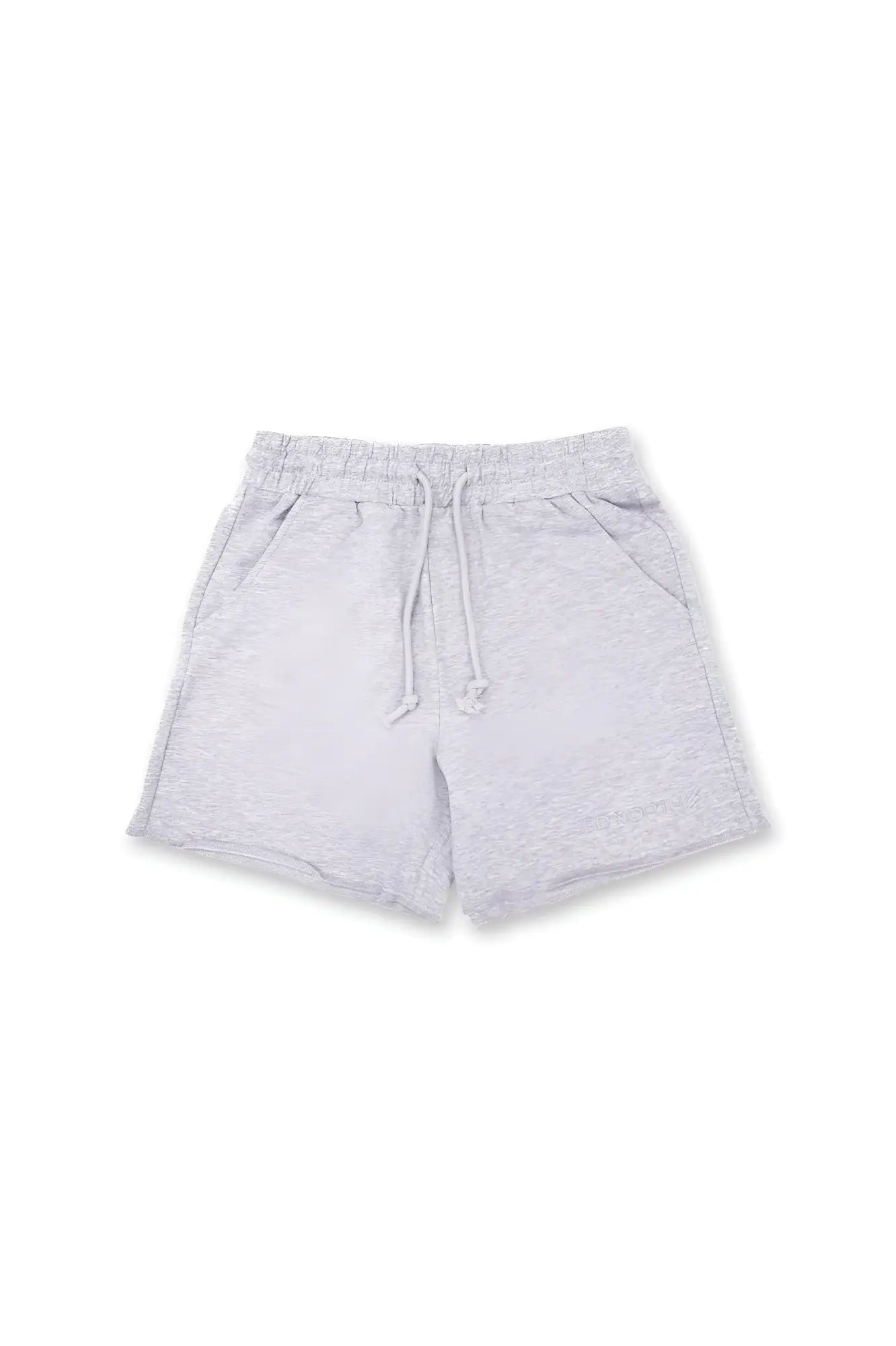 Heather gray Jed North Motion 5 inch varsity sweat shorts with drawstring waistband and side pockets made of soft fabric