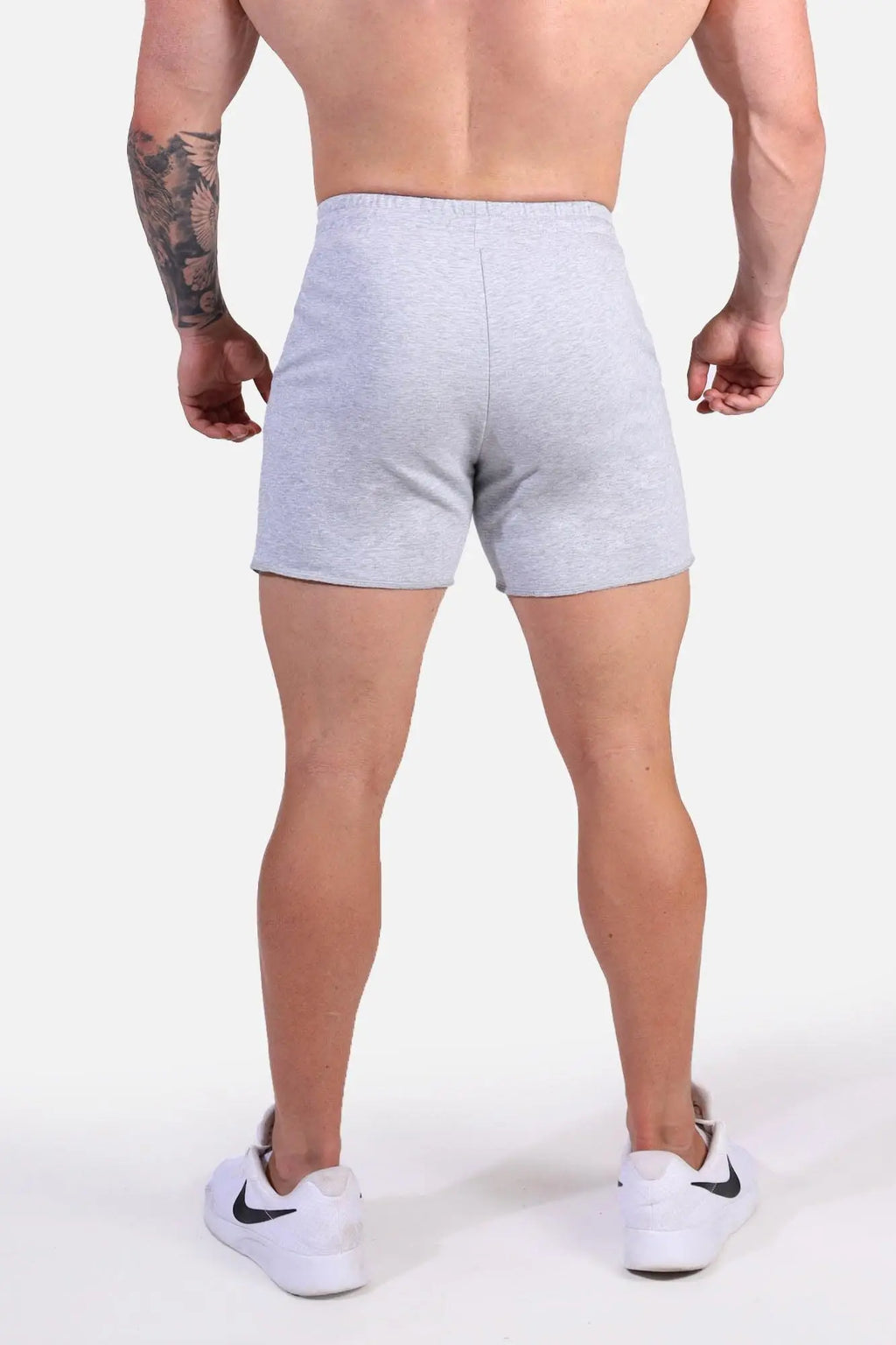 Jed North Motion 5 inch varsity sweat shorts in gray heathered fabric with relaxed fit and elastic waistband