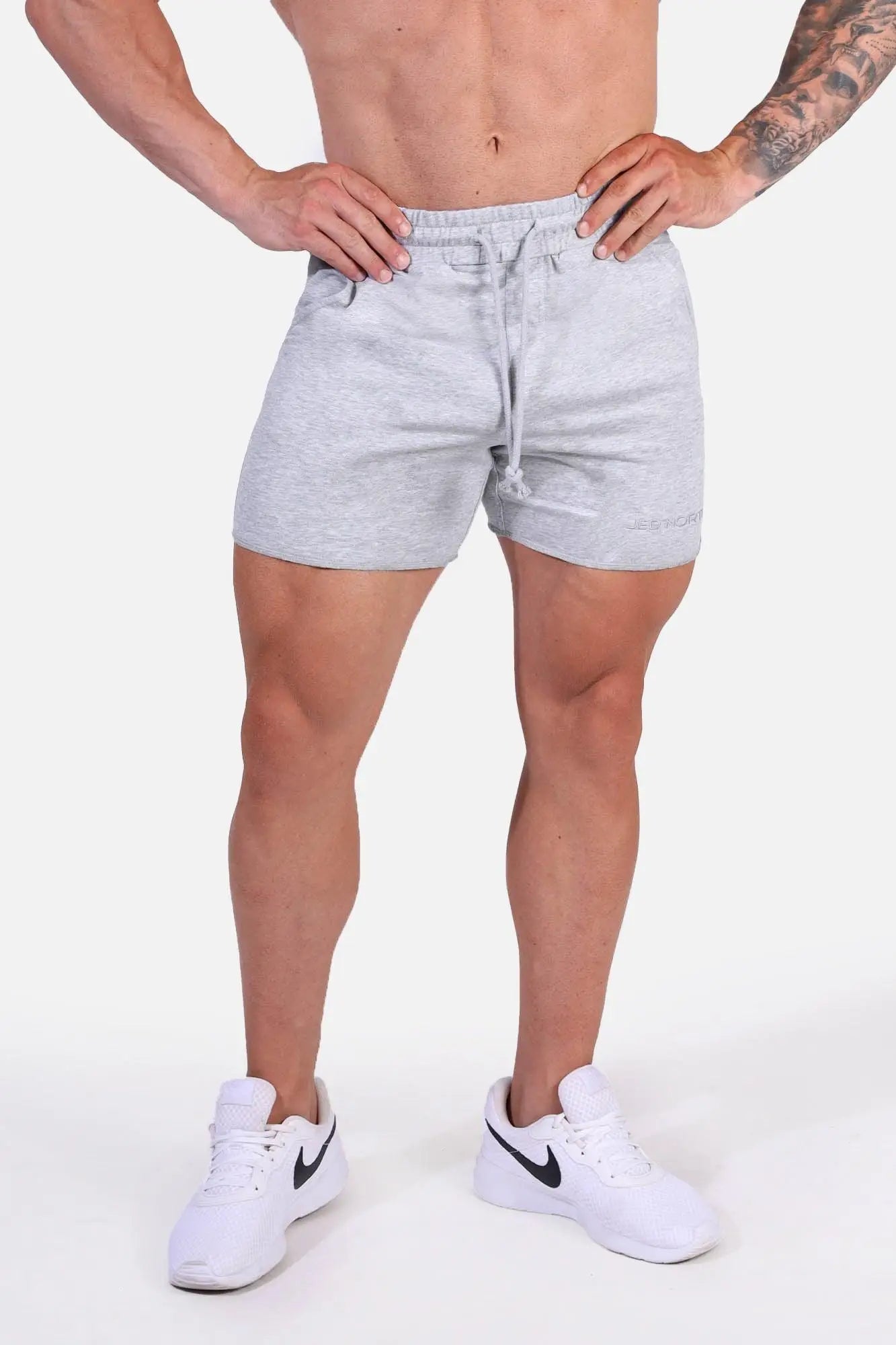 Jed North Motion gray heathered sweat shorts with 5 inch inseam drawstring waistband and side pockets
