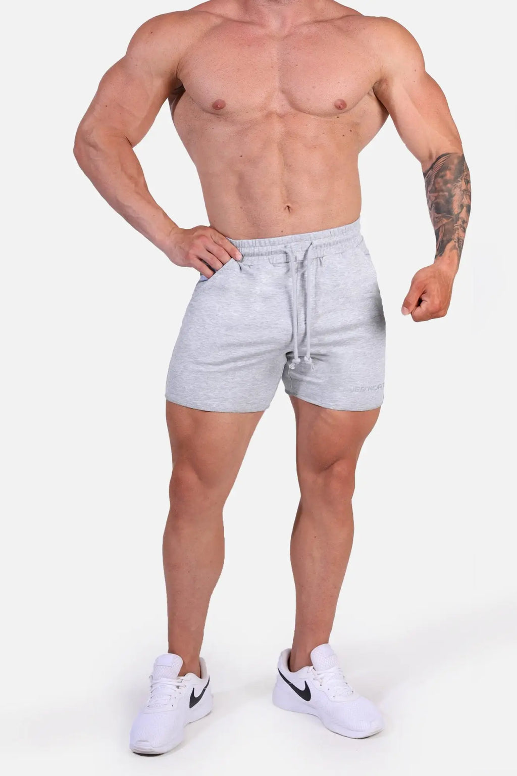 Gray heathered jed north motion 5 inch varsity sweat shorts with drawstring waistband for casual wear