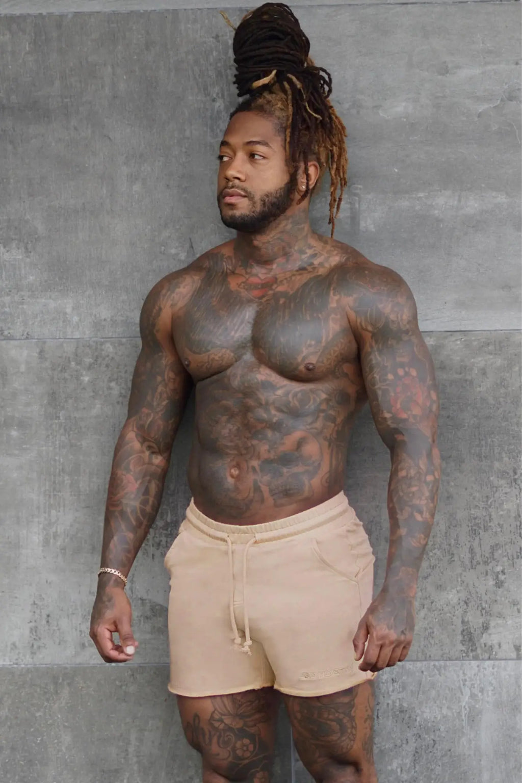 Jed North Motion 5 inch varsity sweat shorts in khaki beige with relaxed fit drawstring and subtle side pockets