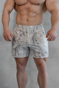 Motion 5 inch varsity sweat shorts in gray and white leaf camo pattern with drawstring waistband for athletic use