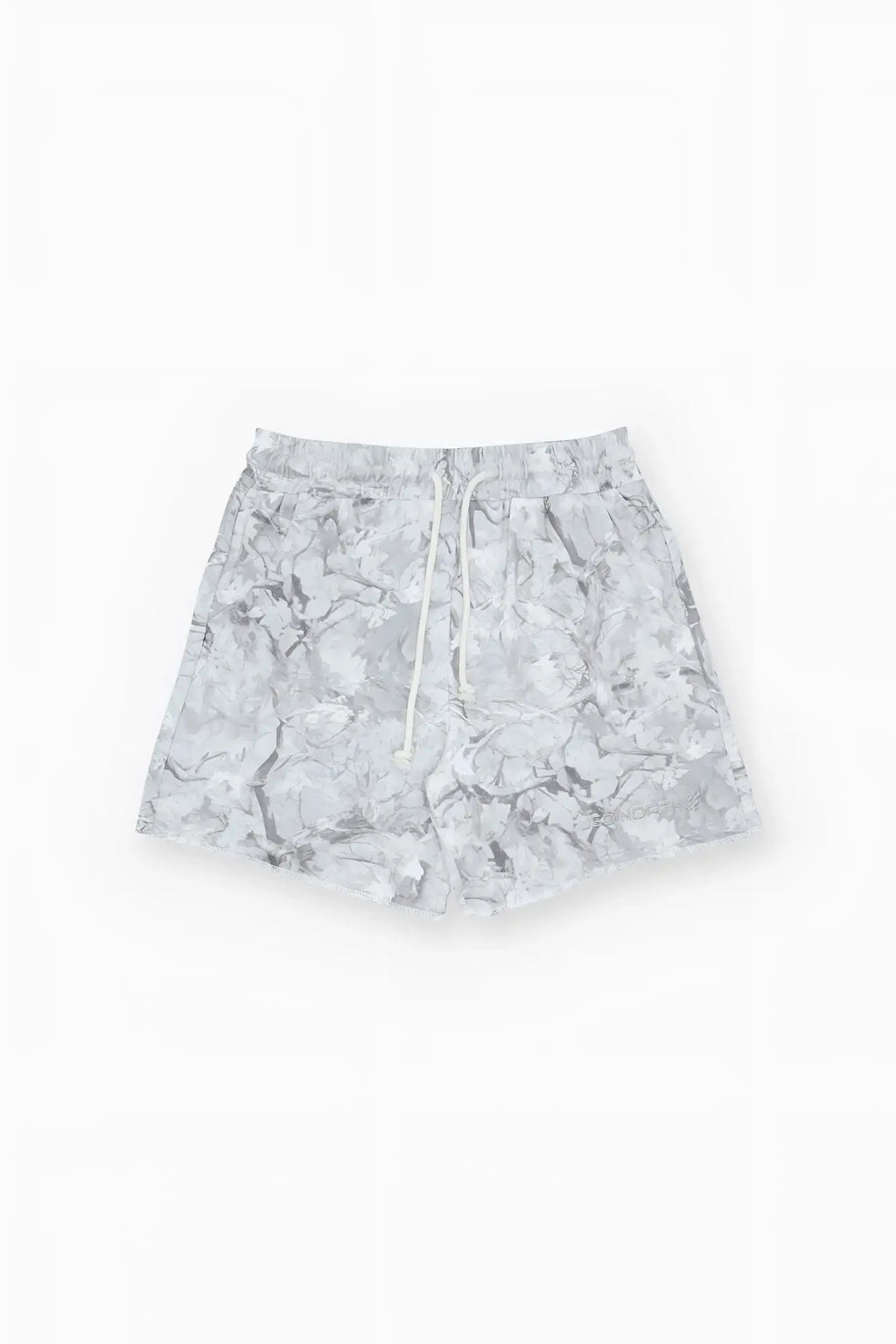 Motion 5 inch varsity sweat shorts with white and gray marble pattern and drawstring waistband in leaf camo style