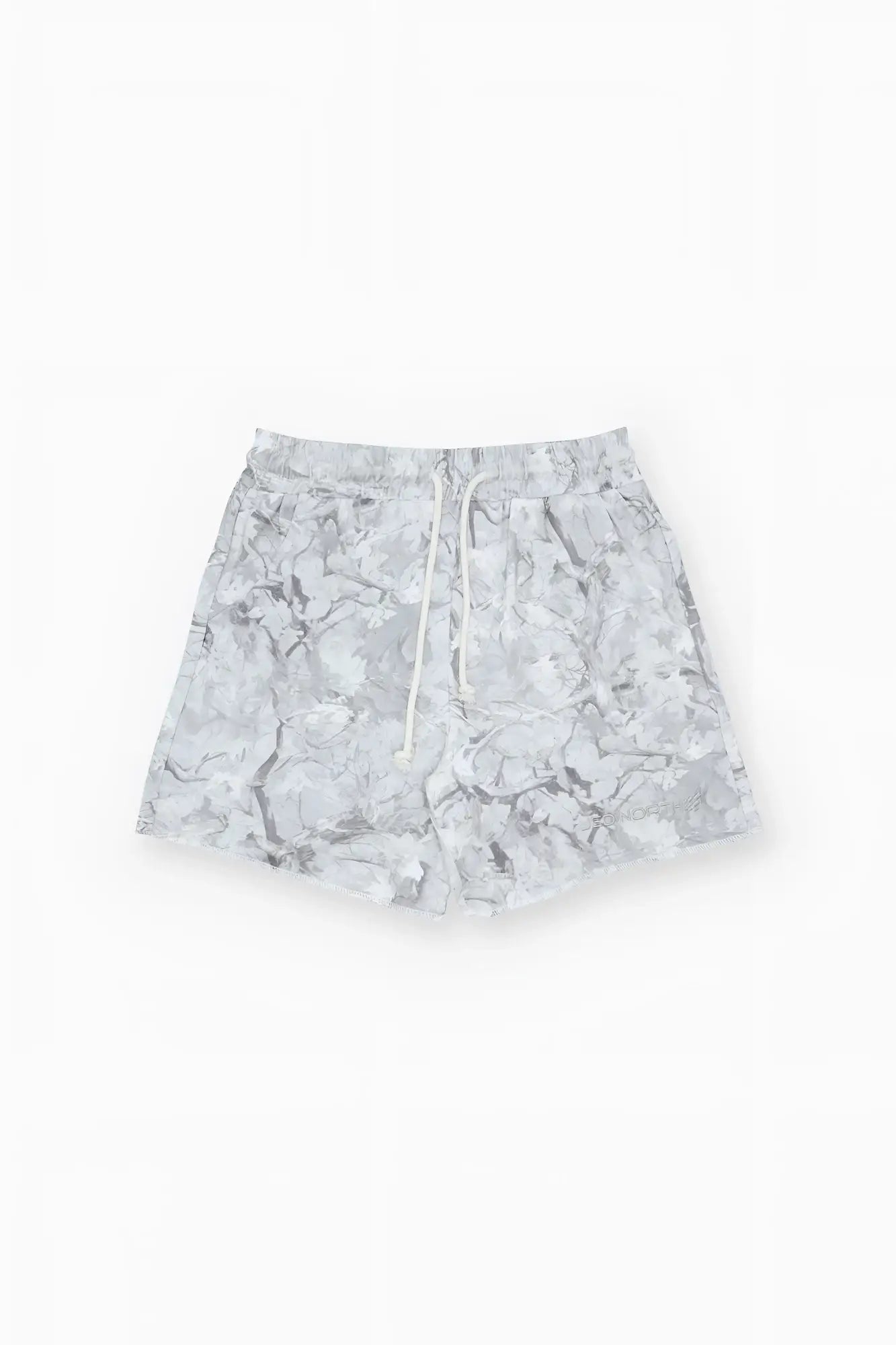 Motion 5 inch varsity sweat shorts with white and gray marble pattern and drawstring waistband in leaf camo style