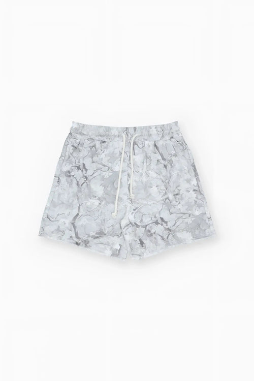 Motion 5 inch varsity sweat shorts with white and gray marble pattern and drawstring waistband in leaf camo style