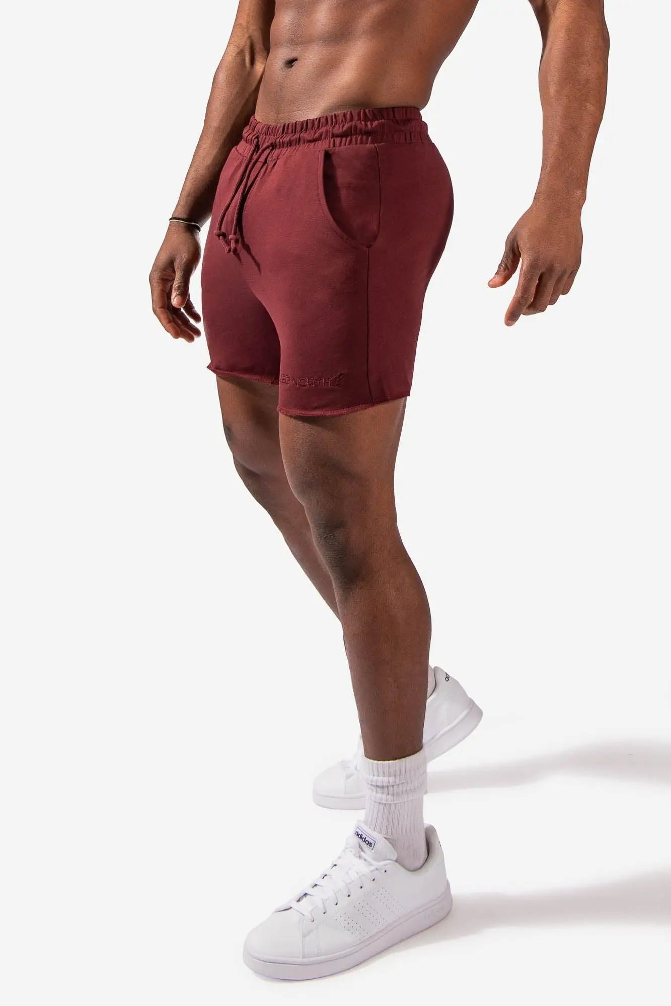 Jed North Motion 5 inch varsity sweat shorts in maroon with elastic waistband side pockets and soft fabric