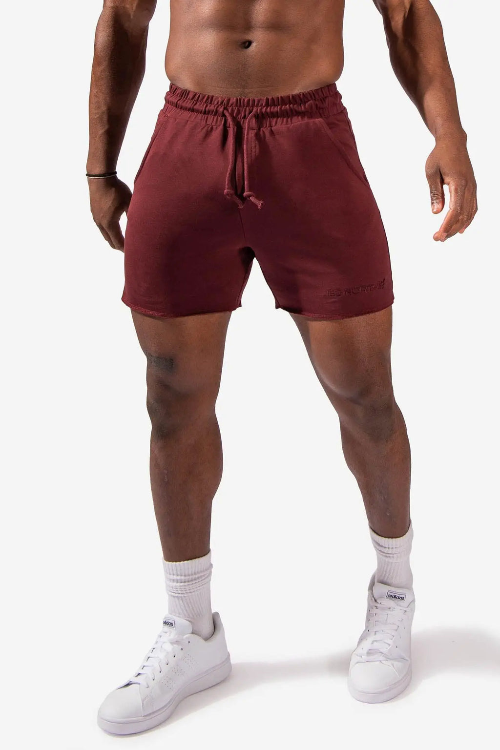 Jed North motion 5 inch varsity sweat shorts in maroon with elastic waistband drawstring made of soft fabric