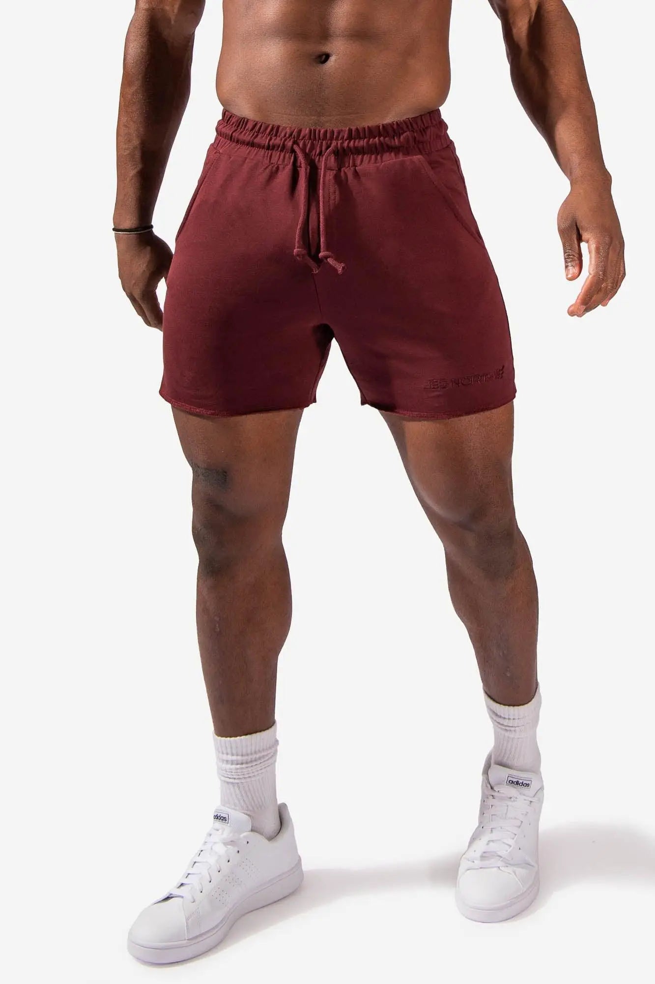 Jed North motion 5 inch varsity sweat shorts in maroon with elastic waistband drawstring made of soft fabric