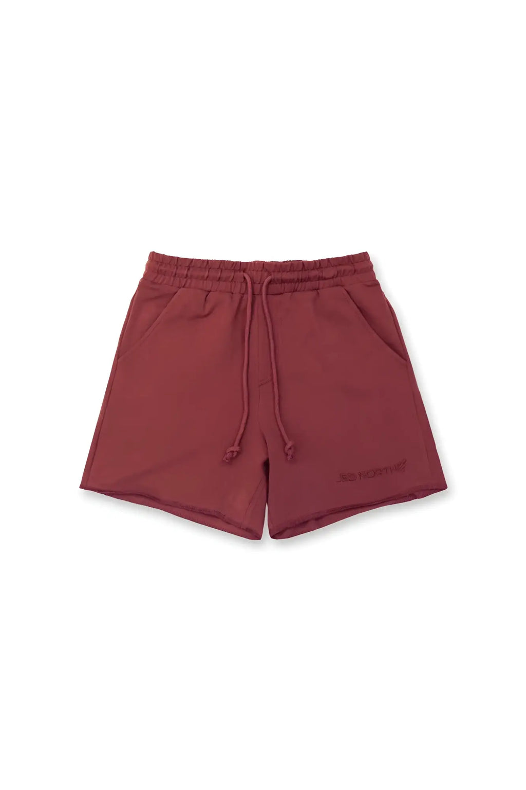 Jed North Motion 5 inch varsity sweat shorts in maroon with a relaxed fit and subtle logo on the lower right leg