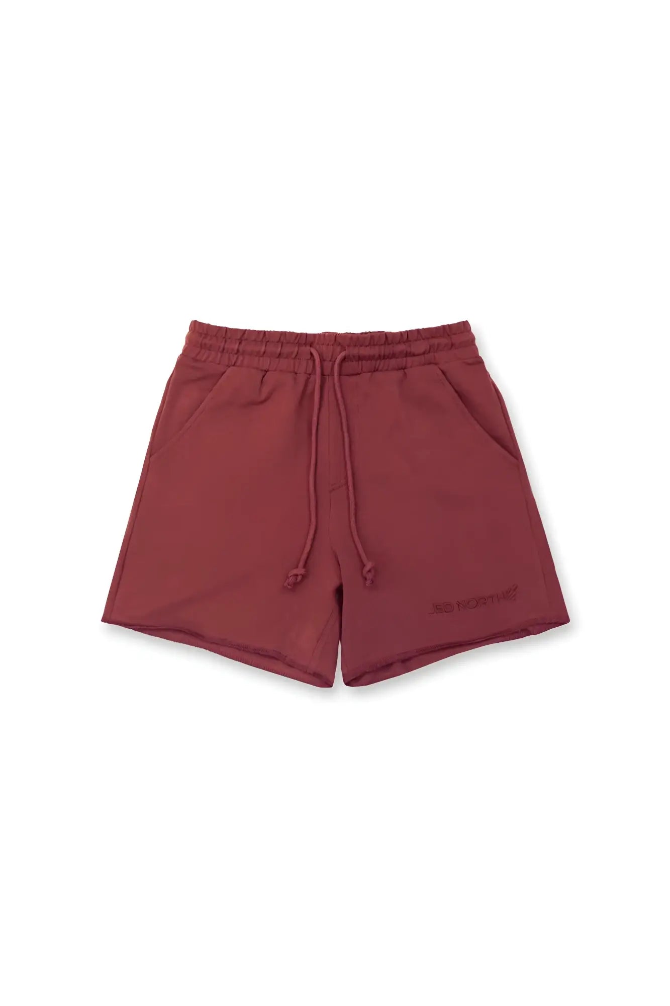 Jed North Motion 5 inch varsity sweat shorts in maroon with a relaxed fit and subtle logo on the lower right leg