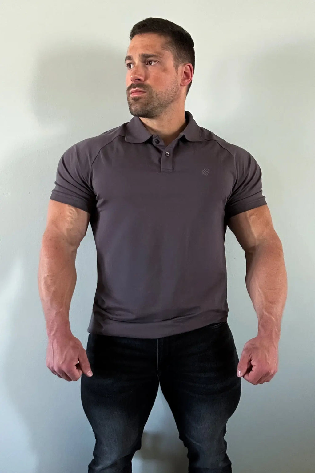Dark gray Jed North muscle fit all-day polo shirt with short sleeves and subtle chest logo for casual wear