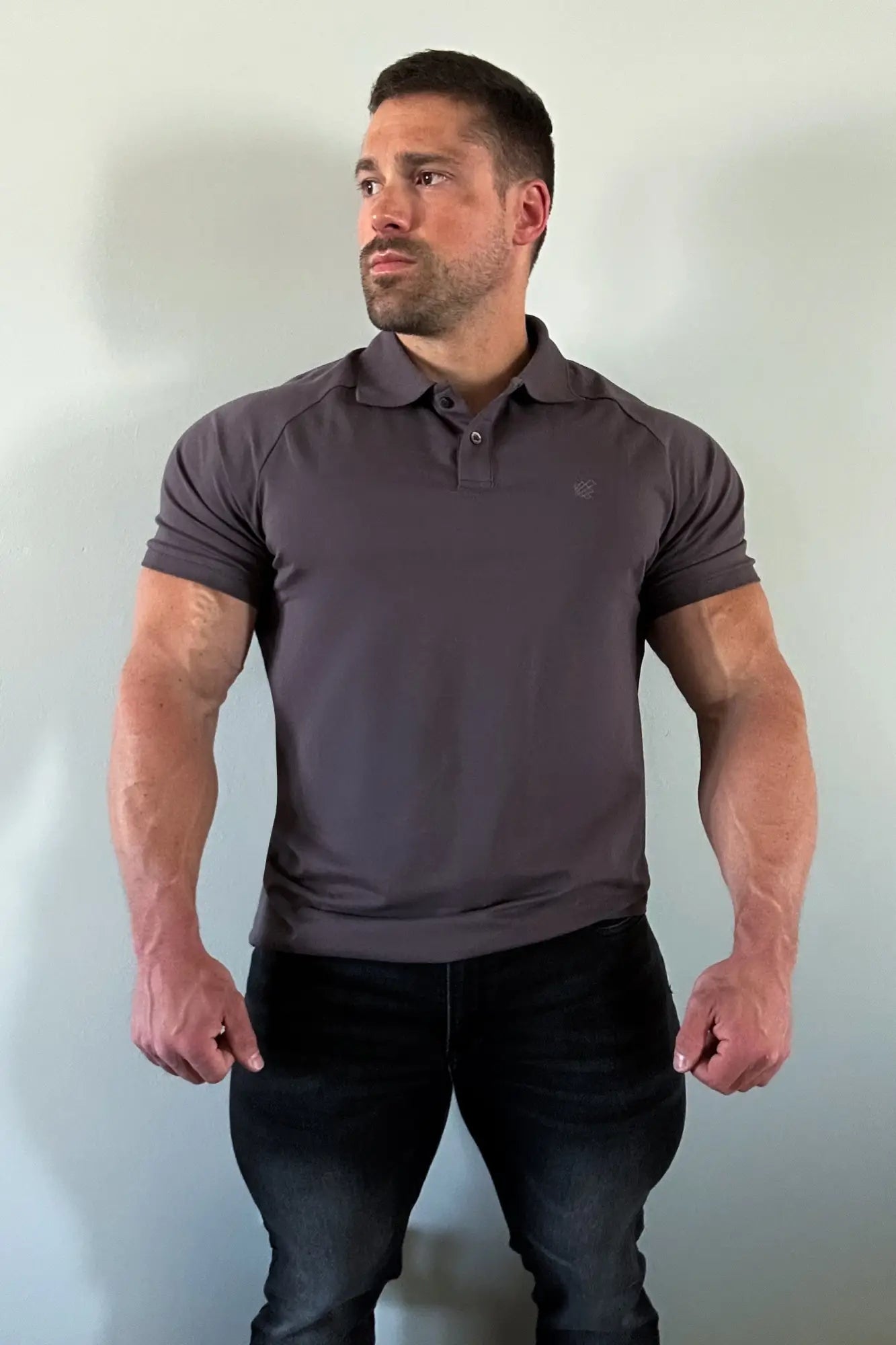 Dark gray Jed North muscle fit all-day polo shirt with short sleeves and subtle chest logo for casual wear