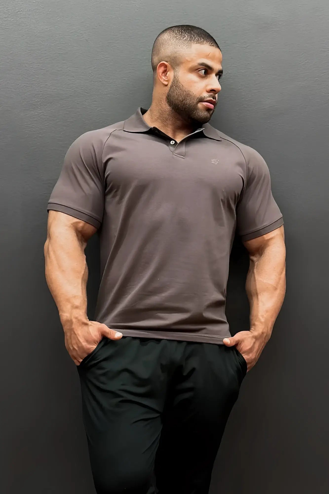 Jed North muscle fit dark gray short-sleeved polo shirt with subtle logo designed for all-day comfort