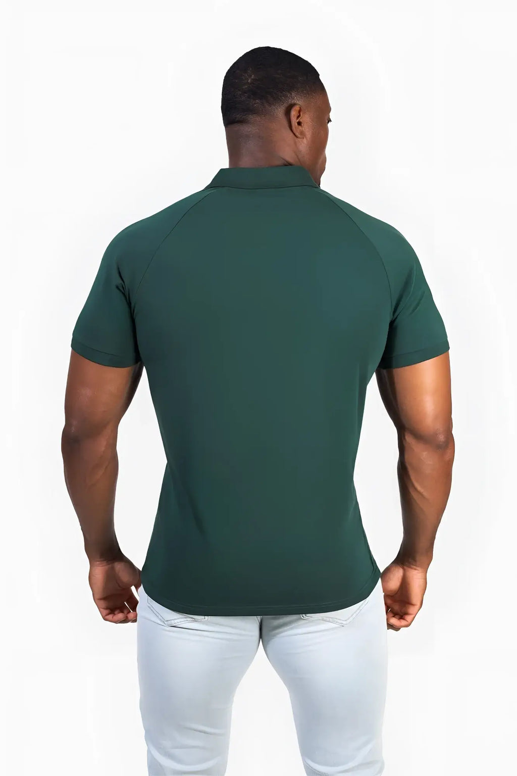 Muscle fit all-day polo t-shirt in evergreen with dark green color, classic collar, and raglan sleeves