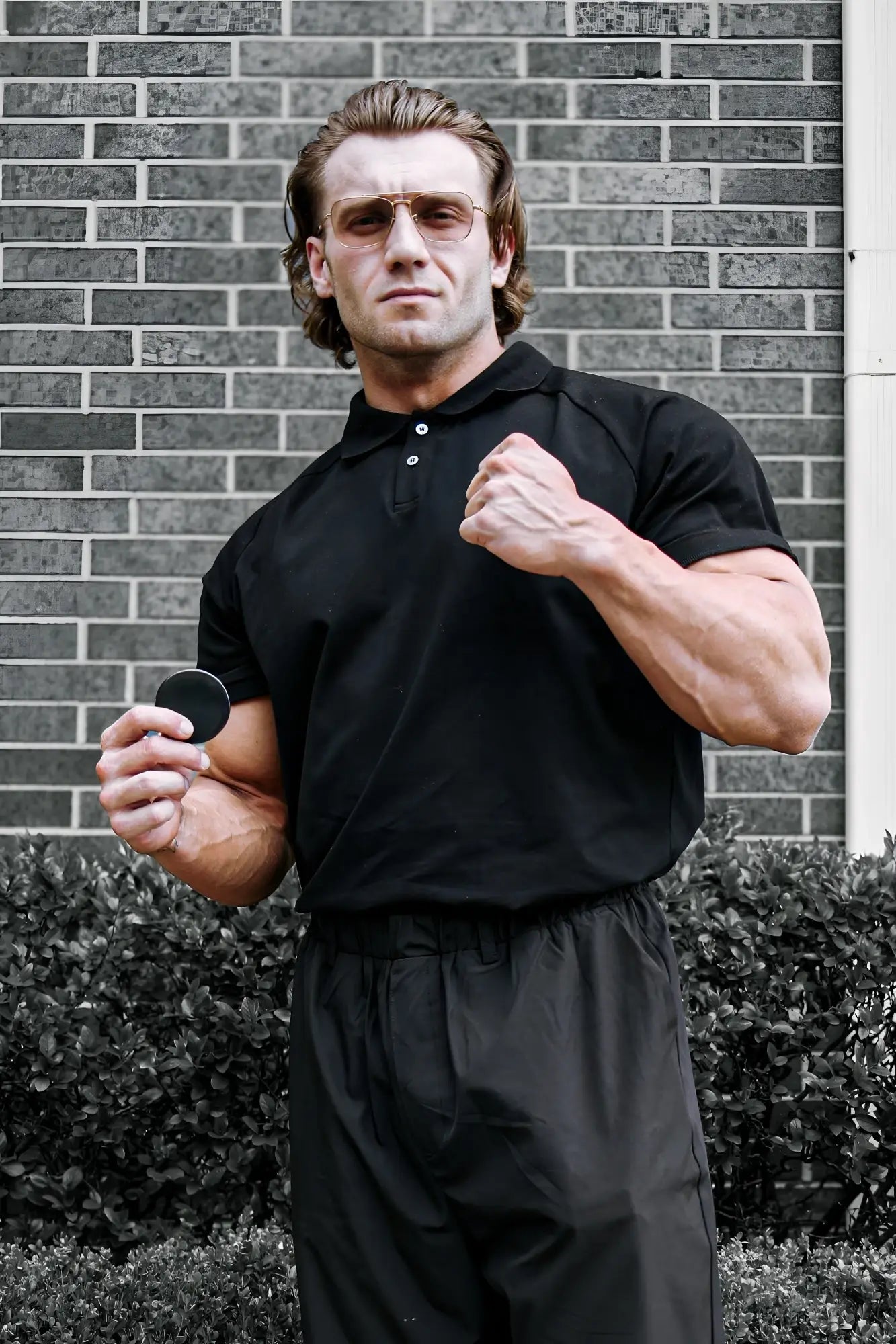 Black circular disc held in hand representing jed north muscle fit all-day polo t-shirt in onyx black color