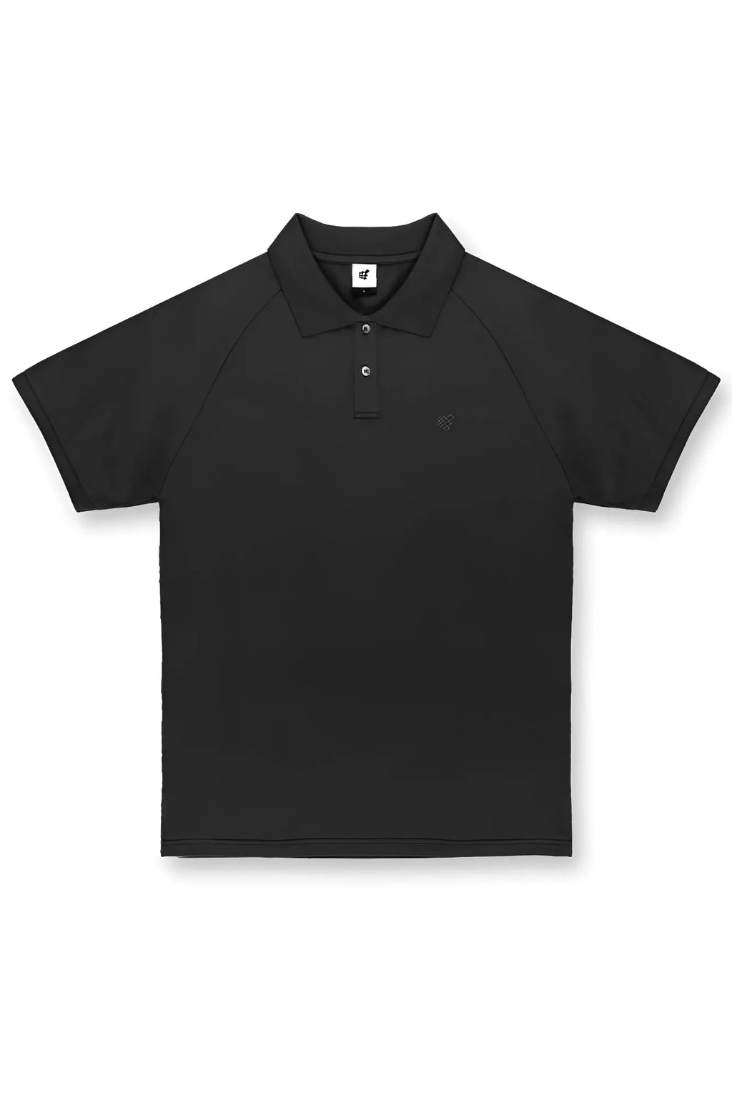 Black short-sleeved polo shirt with subtle textured fabric and minimalistic design by jed north muscle fit