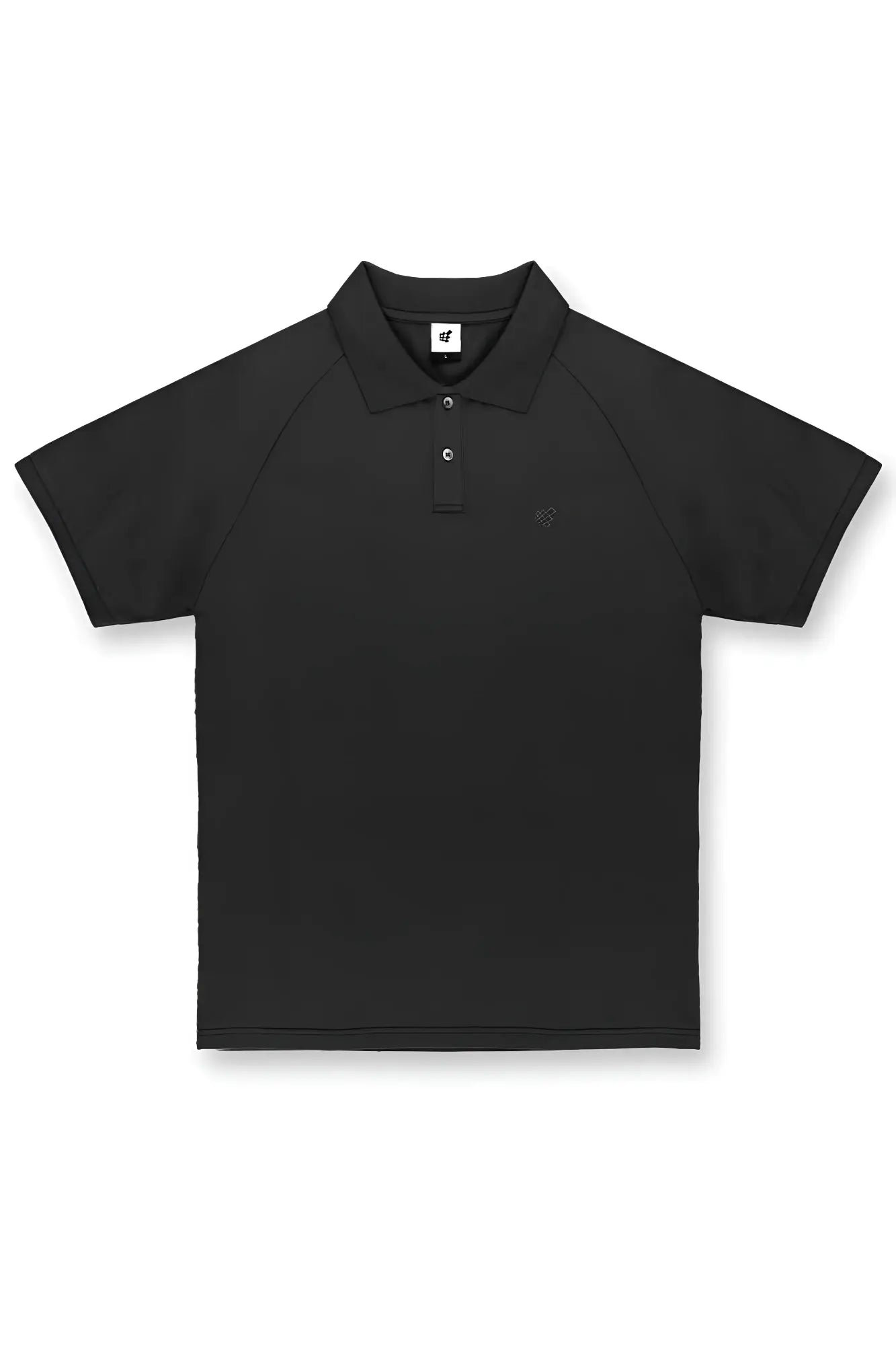 Black short-sleeved polo shirt with subtle textured fabric and minimalistic design by jed north muscle fit