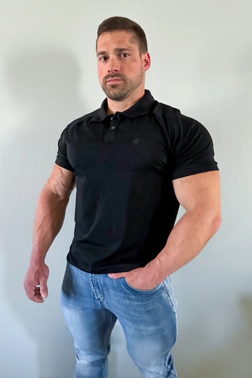 Jed North muscle fit all-day onyx black short-sleeved polo shirt with subtle chest logo for casual wear