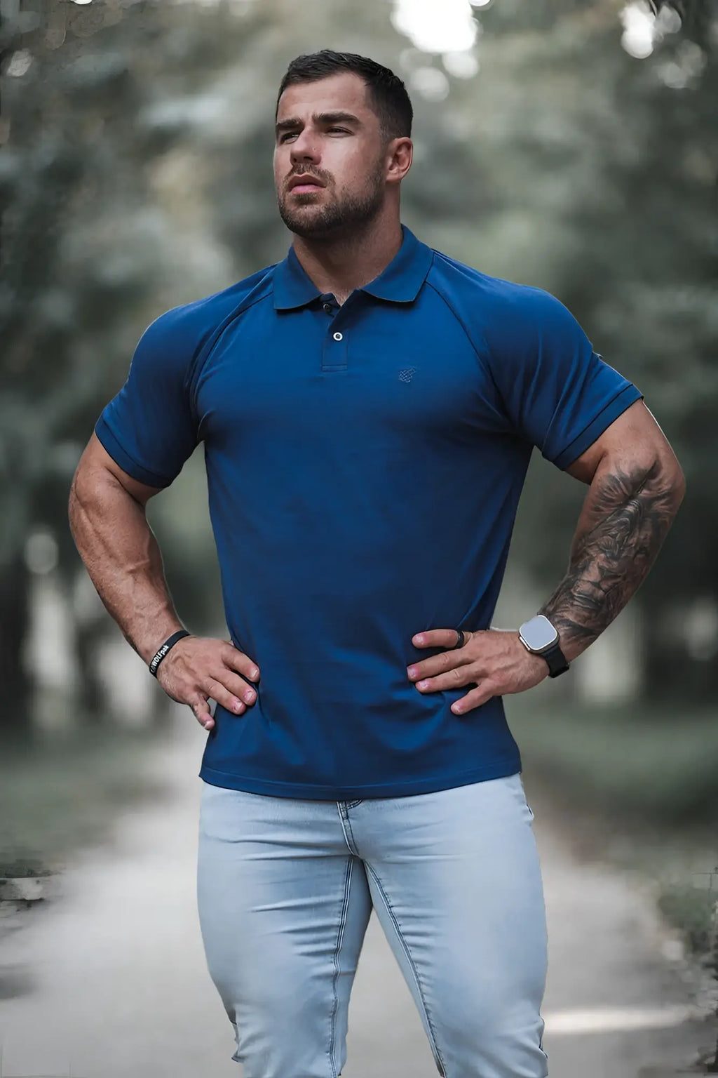 A man wearing a navy blue muscle fit all-day polo t-shirt with a subtle logo on the chest