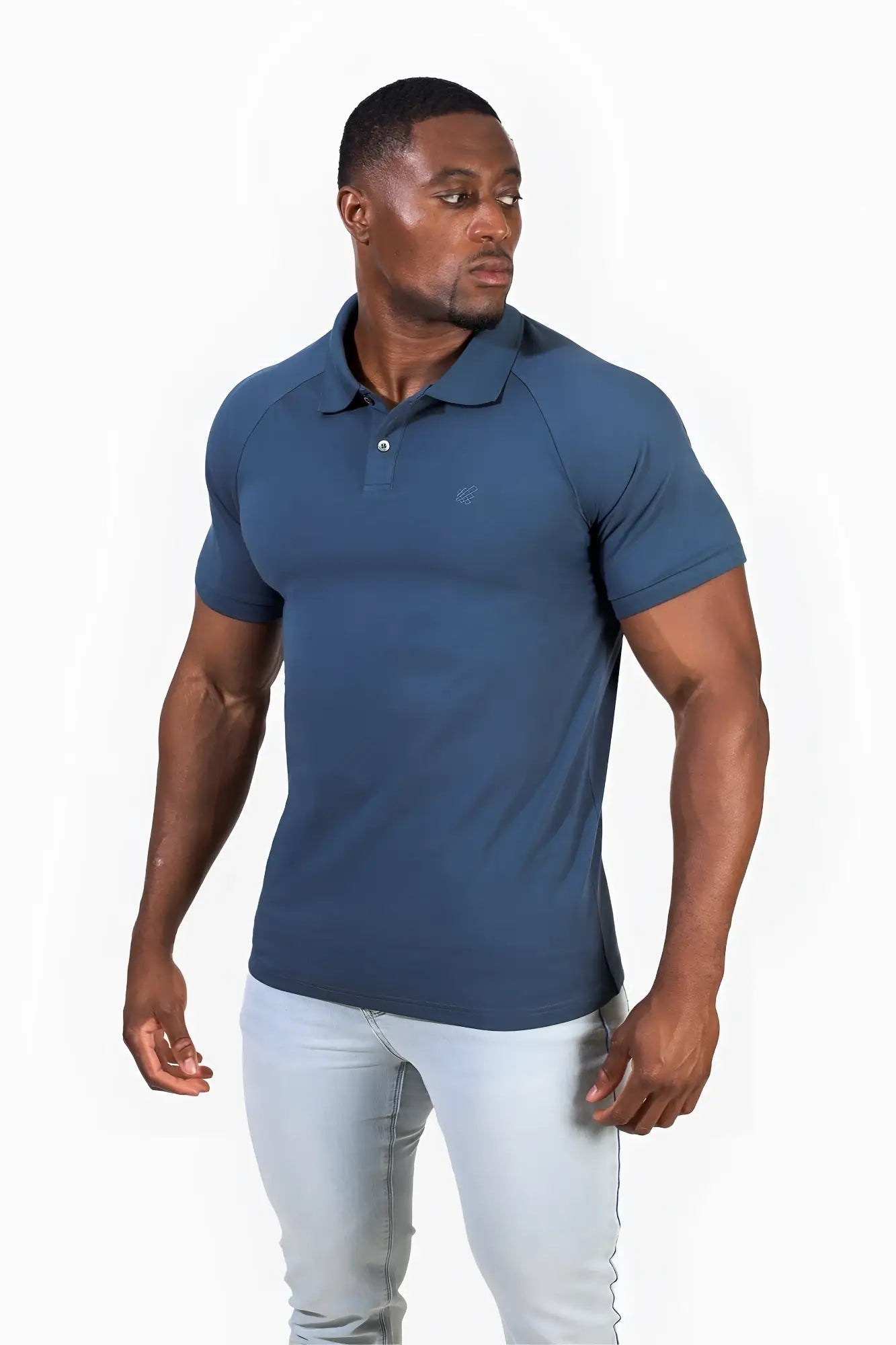 A navy blue muscle fit short-sleeved polo shirt with a subtle chest logo perfect for all-day wear