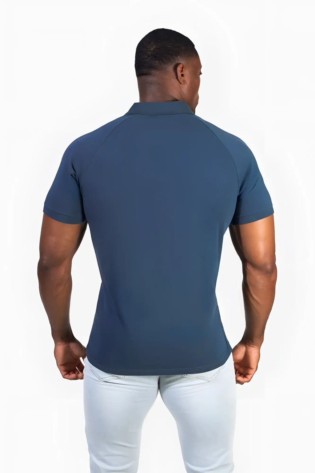 Muscle fit all-day polo t-shirt in storm blue with short sleeves, fitted cut, and raglan sleeve design