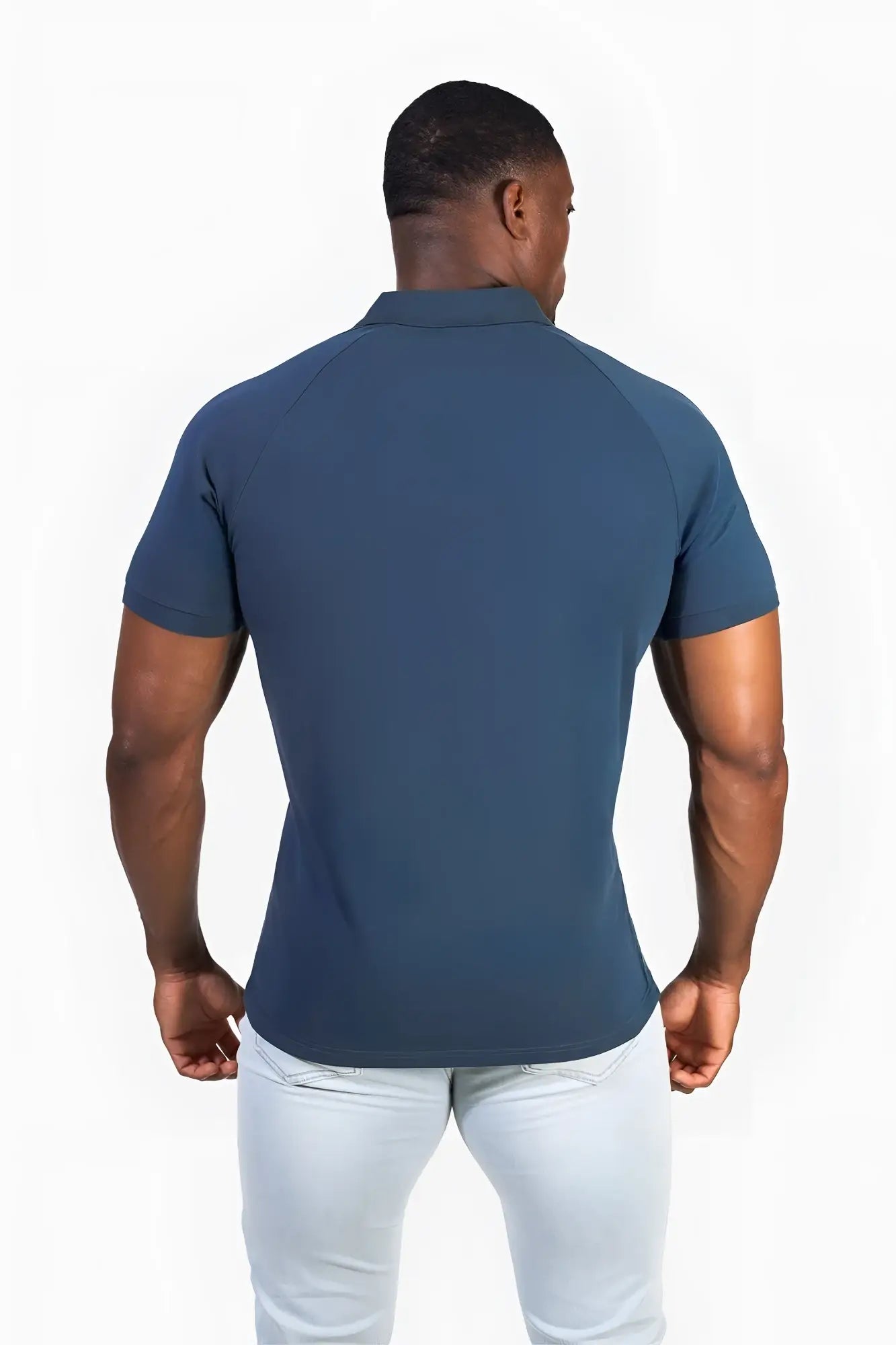 Muscle fit all-day polo t-shirt in storm blue with short sleeves, fitted cut, and raglan sleeve design