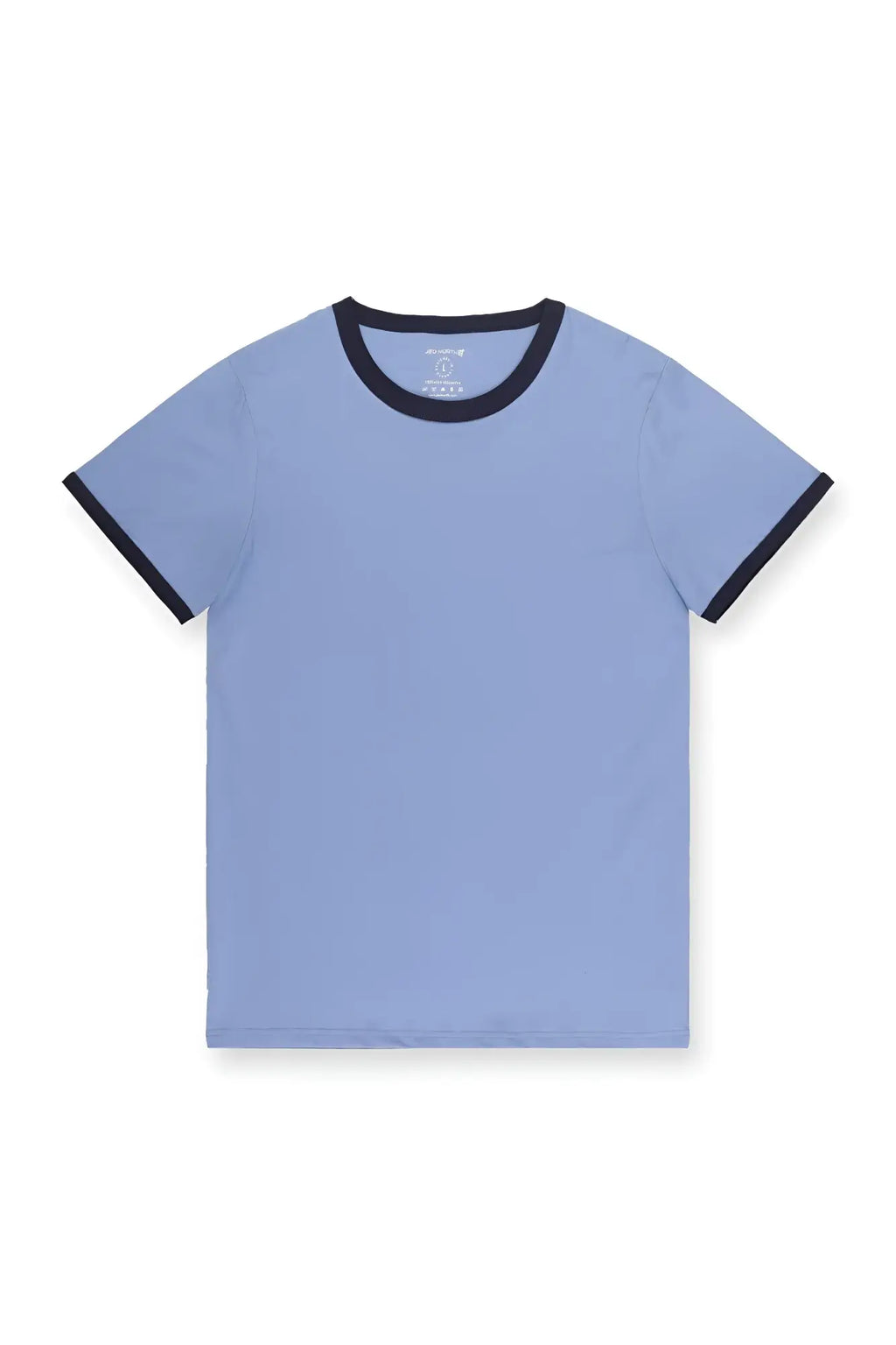 Light blue muscle-fit ringer t-shirt with black ribbed collar and sleeve cuffs in electric blue style