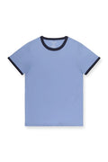 Light blue muscle-fit ringer t-shirt with black ribbed collar and sleeve cuffs in electric blue style