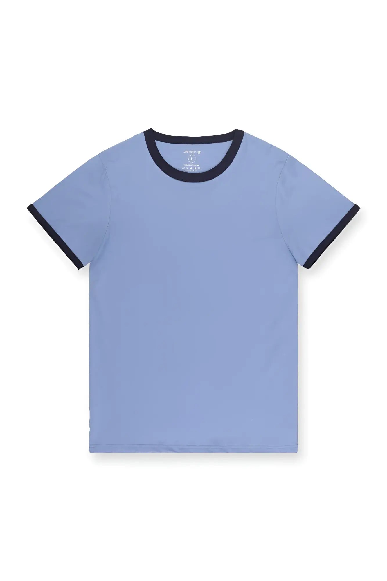 Light blue muscle-fit ringer t-shirt with black ribbed collar and sleeve cuffs in electric blue style