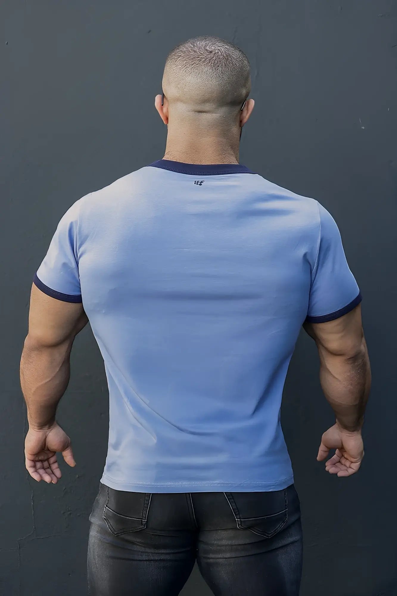 Muscle-fit ringer t-shirt in electric blue with light blue fabric and navy trim on collar and sleeve cuffs