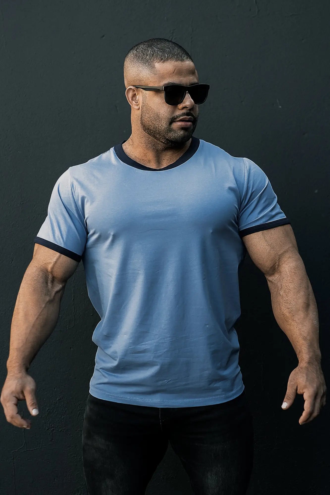 Muscle-fit electric blue ringer t-shirt with light blue fabric and black trim on collar and sleeves