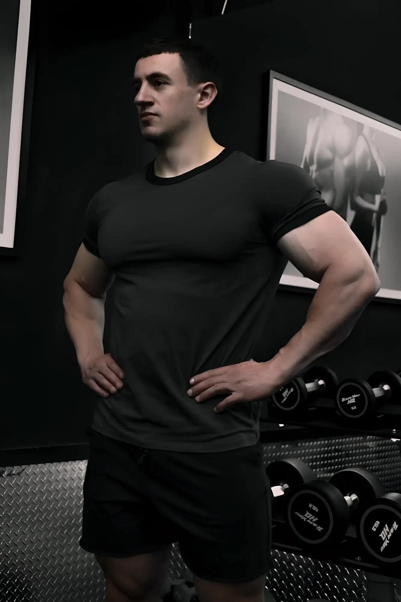 Black muscle-fit ringer t-shirt with short sleeves and ribbed crew neckline ideal for casual wear