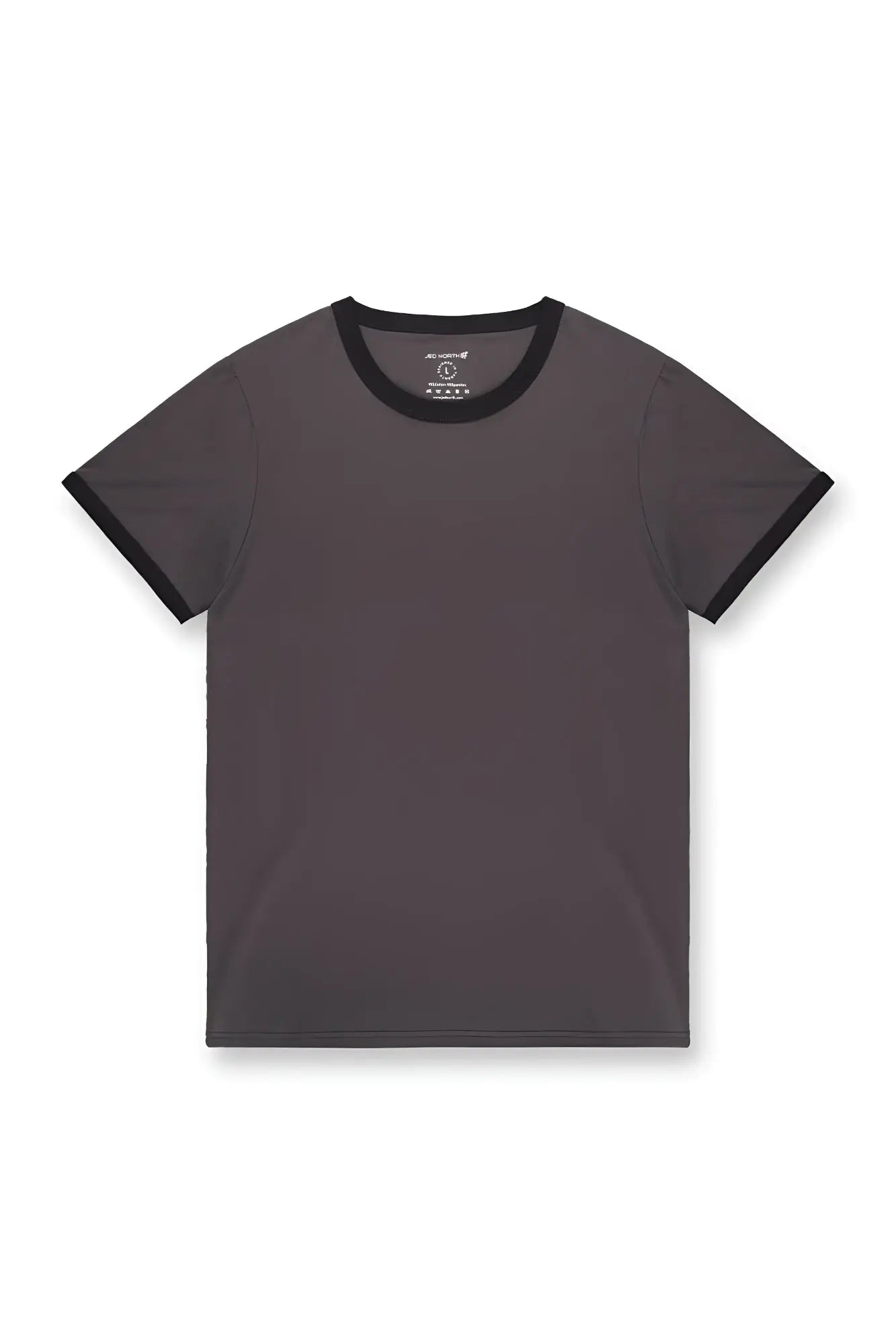 Dark gray muscle-fit ringer t-shirt with black ribbed trim on neckline and sleeve cuffs in stone gray color