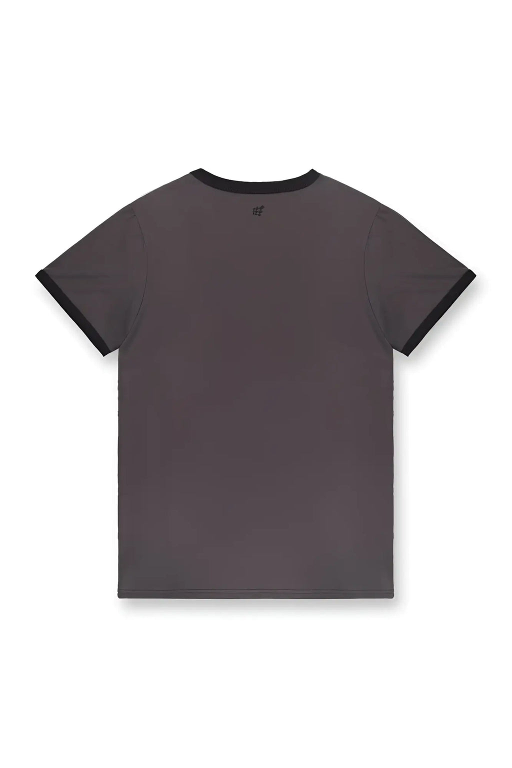 Dark gray stone gray muscle-fit ringer t-shirt with black ribbed collar and sleeve cuffs short sleeves
